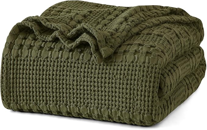PHF 100% Cotton Waffle Weave Blanket Queen Size, Soft Lightweight Breathable Cozy Summer Blankets for Bed, Luxury Aesthetic Woven Bedding for Home Decor, 90"x90", Capulet Olive-Ruum Studio Home