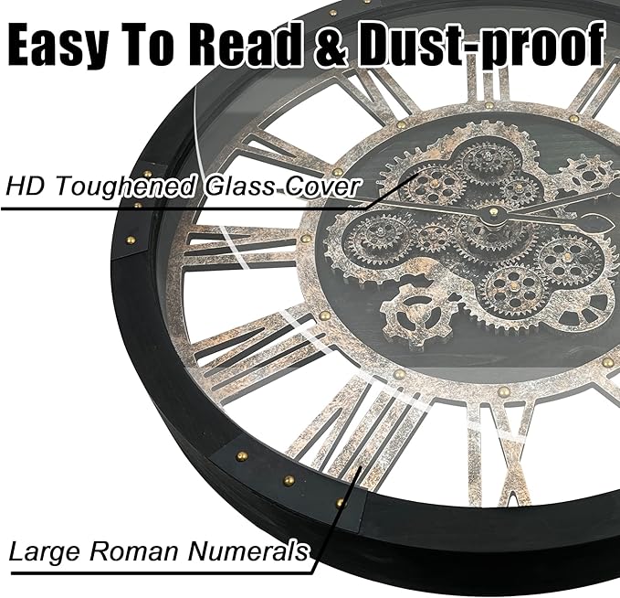 DORBOKER 24" Large Wall Clock with Moving Gears,Oversize Vintage Industrial Rustic Farmhouse Clocks for Living Room Decor Office Home,Solid Wood HD Tempered Glass Cover,Vintage Black-Ruum Studio Home