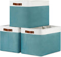 DULLEMELO Large Storage Basket, Collapsible Storage Bins Decorative Storage Baskets for Home Shelves Bedroom, Linen Fabric Basket with Leather Handles for Toys Books Organizing(White&Teal-Ruum Studio Home