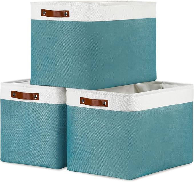 DULLEMELO Large Storage Basket, Collapsible Storage Bins Decorative Storage Baskets for Home Shelves Bedroom, Linen Fabric Basket with Leather Handles for Toys Books Organizing(White&Teal-Ruum Studio Home