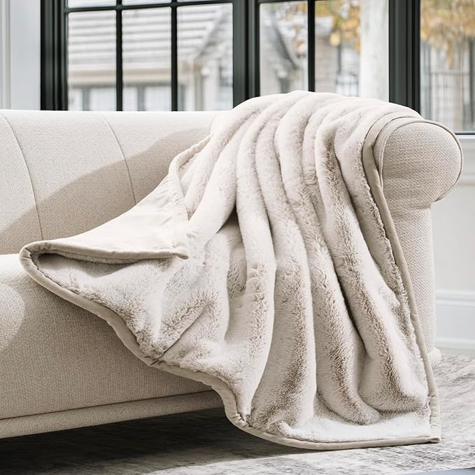 Ultra Soft Luxury Fluffy Mink Faux Fur Throw Blanket, Thick Warm Fall Winter Blankets for Bed, Couch, Cozy Plush Reversible Blanket for Chair, Sofa (Tipped Champagne Ivory, 50"x60")-Ruum Studio Home