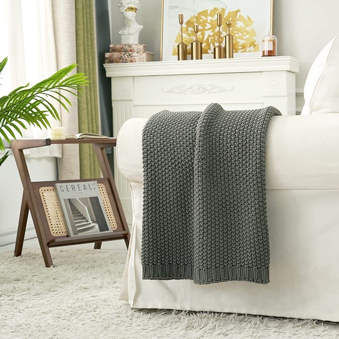 Longhui bedding Chunky Cable Knit Throw Blanket Lightweight Grey 100% Organic Cotton Blanket for Sofa Couch Bed Baby Nursery, Rustic Shabby Chic Modern Farmhouse, Gray 51” x 63” Give Laundering Bag-Ruum Studio Home