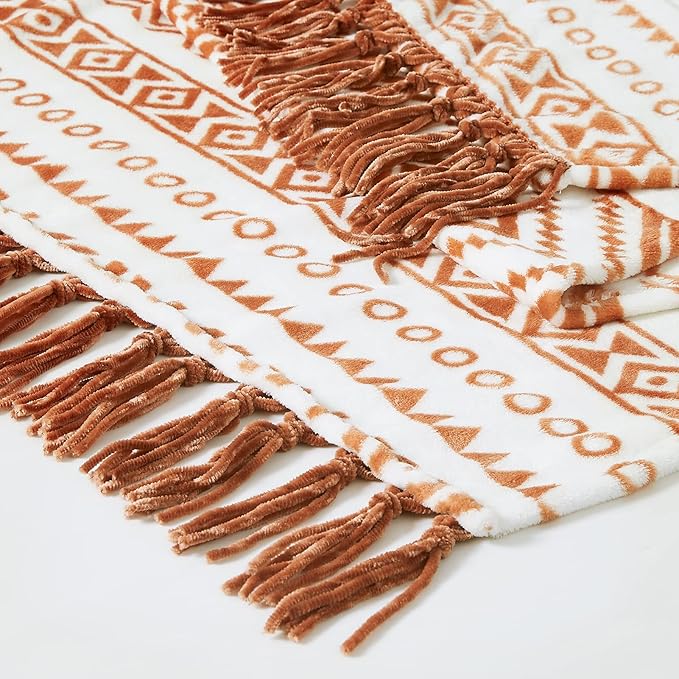 CASAAGUSTO Boho Throw Blanket - Terrcotta Decorative Blankets with Tassel, Printed Flannel Bohemian Blanket for Chair, Bed, Sofa, Couch(50 * 60, Terrcotta)-Ruum Studio Home
