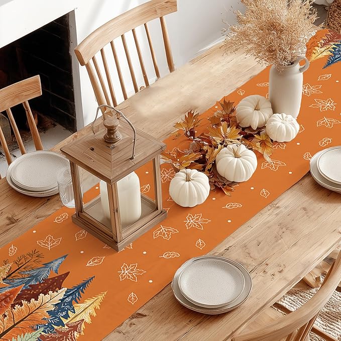 GEEORY Fall Watercolor Trees & Maple Leaves Table Runner 13x108 Inch, Rustic Farmhouse Autumn Thanksgiving Decor for Kitchen, Dining, Indoor/Outdoor Holiday Dinner Party Orange GT158-108-Ruum Studio Home