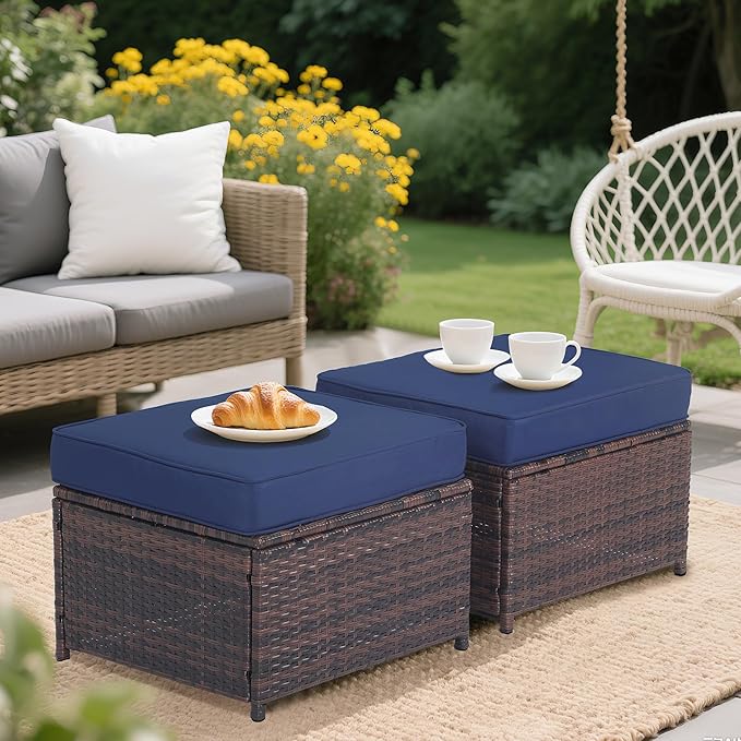 Outdoor Ottoman Rattan Footstool - Patio Ottomans with Removable Cushion, All-Weather PE Wicker & Steel Frame for Poolside, Garden Outdoor Furniture,23.6 x 21.7 x 17.8 inches, Brown-Ruum Studio Home