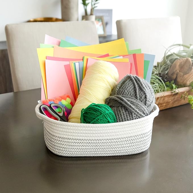 NaturalCozy 5-Piece Rectangle Storage Basket Set- Natural Cotton Rope Woven Baskets for Organizing! Small Basket for Montessori, Baby Nursery, Dog Toy Baskets, Cat Toy Box, Bathroom Organization Bin-Ruum Studio Home