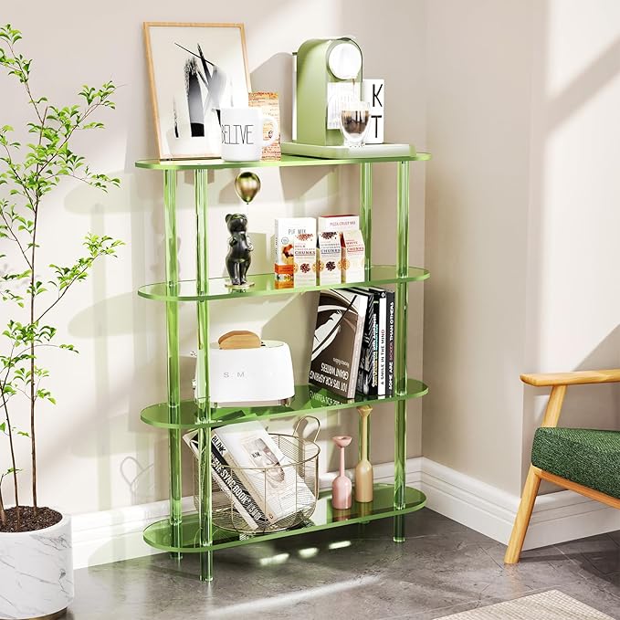 Clear Bookshelf, Acrylic Bookcase with Open Book Shelf Console Table for Entryway Office (4 Tier Green)-Ruum Studio Home