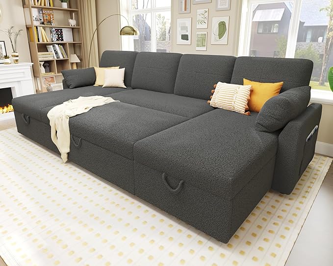 VanAcc Sleeper Sofa, 110 inch Oversize - 2 in 1 Pull Out Bed, Sectional Sleeper Sofa with Double Storage Chaise for Living Room, Grey Boucle Couch-Ruum Studio Home