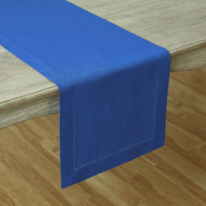 Solino Home Linen Royal Blue Table Runner 90 Inches Long - 100% Pure Linen 14 x 90 Inch Table Runner - Classic Hemstitch-Ruum Studio Home