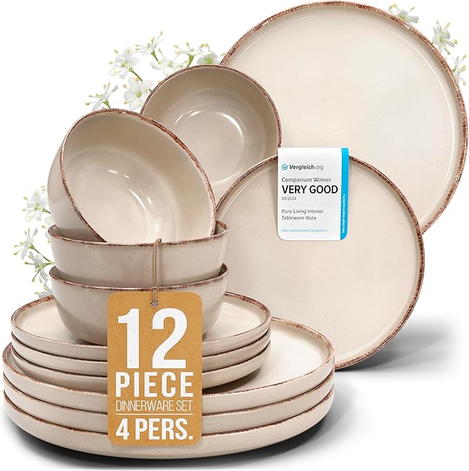 Stoneware dinnerware set 4 persons Rustic 12 pcs - Rustic design dinnerware set, dishwasher safe - Bowl and plate set - Pure Living dinnerware in beige…-Ruum Studio Home