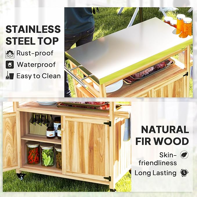 Outsunny Outdoor Grill Cart with Wheels and Storage, Solid Wood Outdoor Kitchen Island with Stainless Steel Top, Movable Bar Cart with Spice Rack, Side Handle, Integrated Hole for BBQ, Natural Wood-Ruum Studio Home