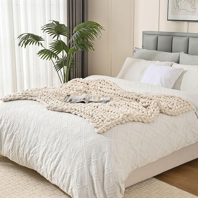 Esterra Chunky Knit Blanket Throw, 100% Handmade Chenille Throw Blanket 50"x60", Soft Thick Yarn Cable Knit Crochet Throw Blanket Rope Knot Throw for Couch Bed Sofa, Apricot White-Ruum Studio Home