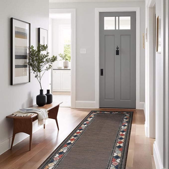 Beverly Rug Outdoor Runner Rug 2x7 Modern Floral Bordered Area Rugs for Indoor and Outdoor Patio Easy to Clean Non Shedding Living Room Porch Garden Washable Outside Carpet (2 x 7 Brown)-Ruum Studio Home