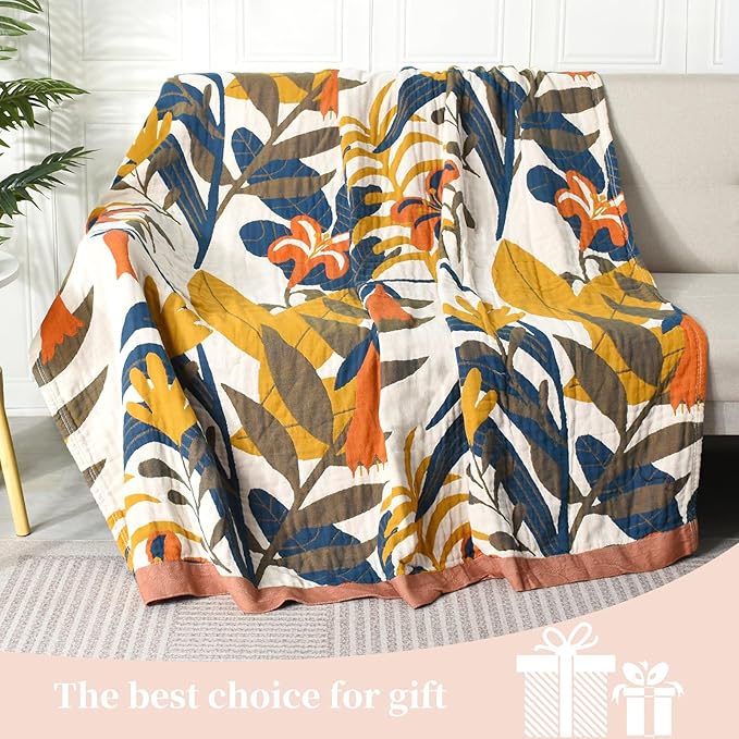 Boho Throw Blanket for Bed - 100% Pure Cotton Ultra Soft Rustic Quilt - Farmhouse Decor Bed Blankets, All Season Rustic Throw for Sofa Couch Chair(91''x 98'', Floral Sea)-Ruum Studio Home