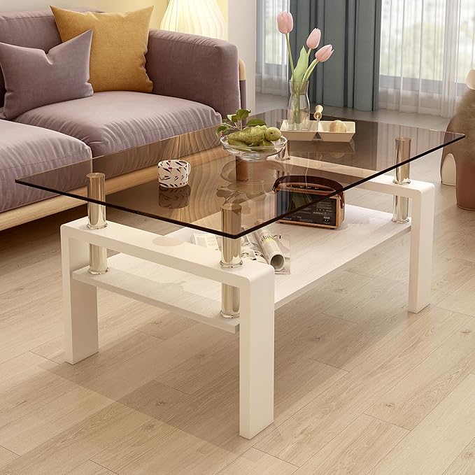 Glass Coffee Table Rectangle Living Room Center Table, with Brown Tempered Glass Tabletop and White MDF Layer,for Living Room and Office, Brown+White-Ruum Studio Home