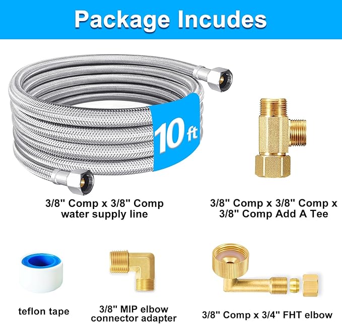 Dishwasher Installation Kit - 10 FT Stainless Steel Braided Dishwasher Hose kit,Food Grade PEX Inner Tube Water Line with Add A Tee,3/8"MIP Elbow,3/8"x3/4"FHT Elbow-Ruum Studio Home