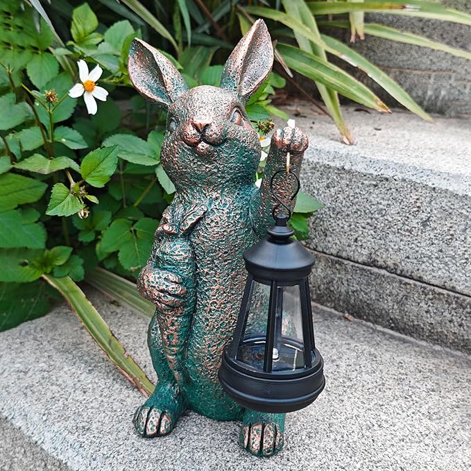 Solar Garden Statues -Rabbit Lantern Outdoor Handmade Resin Statue with LED Light, Cute Carrot Holder for Patio, Yard, Gift Ideas (rabbit2)-Ruum Studio Home
