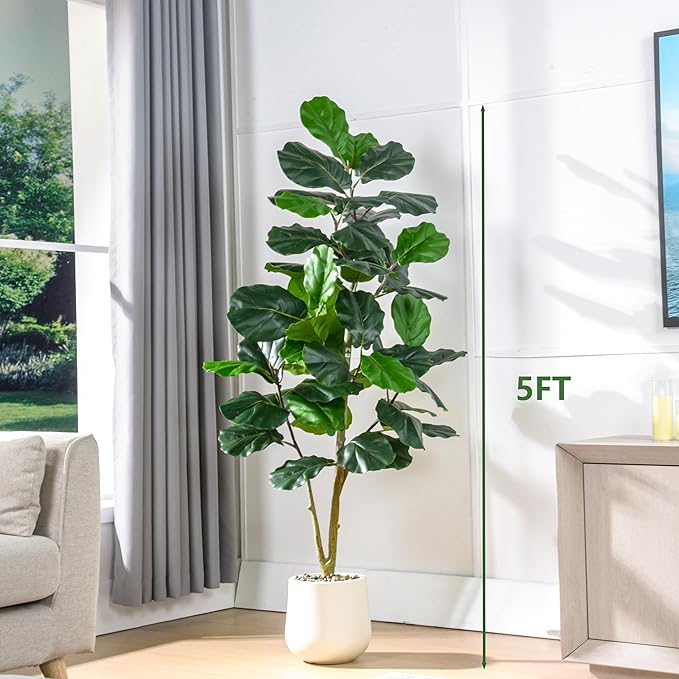 Artificial Fiddle Leaf Fig Tree 5FT, Large Realistic Faux Ficus Lyrata Plant with Pot Large Faux Plant for Indoor Outdoor Home, Office, Living Room, Bathroom Decor-Ruum Studio Home