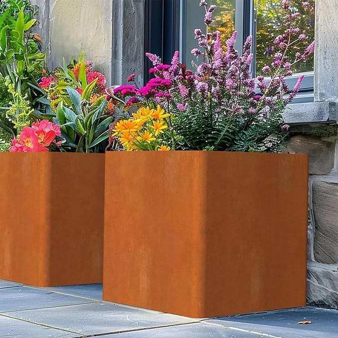 Corten Steel Large Square Planter 26"x26"x26, Cube Metal Planter Pot with Drainage Holes for Outdoor, Large Flower Pots for Patio Deck and Yard-Ruum Studio Home