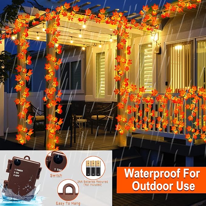Timer & Thicker Leaves - 2 Pack Fall Garland with Lights Fall Hallowen Decorations Indoor Total 80 Leaves 40LED 13Ft Battery Operated Halloween Garland Thanksgiving Decor Home Indoor Outdoor Christmas-Ruum Studio Home