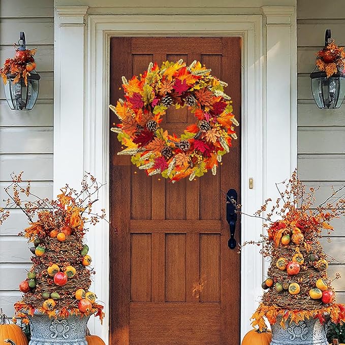 Fall Wreaths for Front Door, 24" Autumn Wreath with Berry Wood Maple Leaves and Pine Cones, Orange Thanksgiving Wreath for Outside Indoor Wall Window Home Festival Decor-Ruum Studio Home