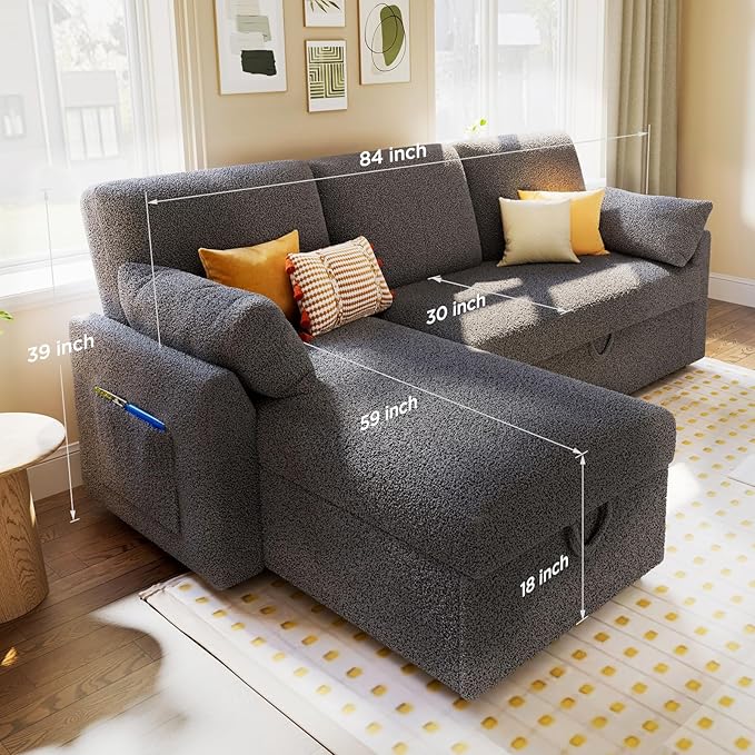 VanAcc Sofa Bed, Sleeper Sofa with Storage Chaise- 2 in 1 Pull Out Couch Living Room, Comfy Sleeper Couch, Grey Boucle-Ruum Studio Home