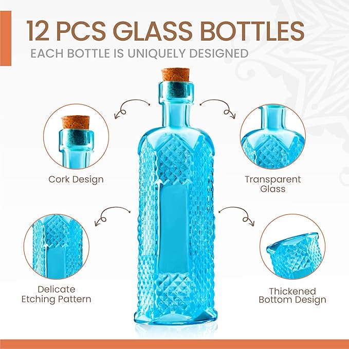 Small Blue Vintage Glass Bottles with Corks, Mini Vases, Decorative, Potion, Assorted Design Set of 12 pcs, 4.6 Inch Tall (11.43cm), 1.4 Inch Wide (3.56cm)-Ruum Studio Home