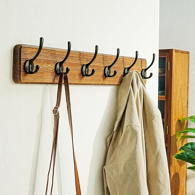 Dseap Wall Mounted Coat Rack: 24" Long, Patented, Heavy-Duty, 6-Double-Hooks Wooden Hanger Rail for Winter Coats, Hat, Jacket, Clothing - Natural & Black, Pack of 2-Ruum Studio Home