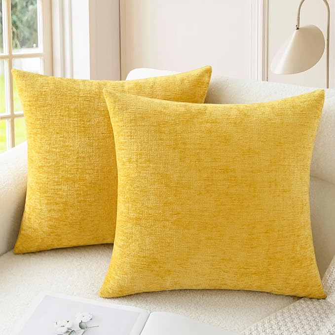 CaliTime Throw Pillow Covers Decorative 22 X 22 Inches Pack of 2 Cozy Chenille Cushion Cases for Couch Sofa Bed Living Room Home Mustard Yellow-Ruum Studio Home