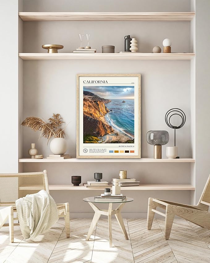 HesenDot Natural OAK Wood Coastal California Refers Framed Wall Art,12x16in Natural Seascape Canvas Wall Print,Classic Urban Landmark Wall Decor for Living Room,Bedroom,Office Gallery Gifts Set of 1-Ruum Studio Home