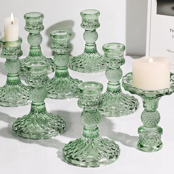 12Pcs Green Candlestick Holders Set- 4" H Taper Candle Holders Bulk, Glass Candle Holders for Wedding, Party, Romantic Dinner Table Centerpieces, Festival Gifts & Windowsill Decor-Ruum Studio Home