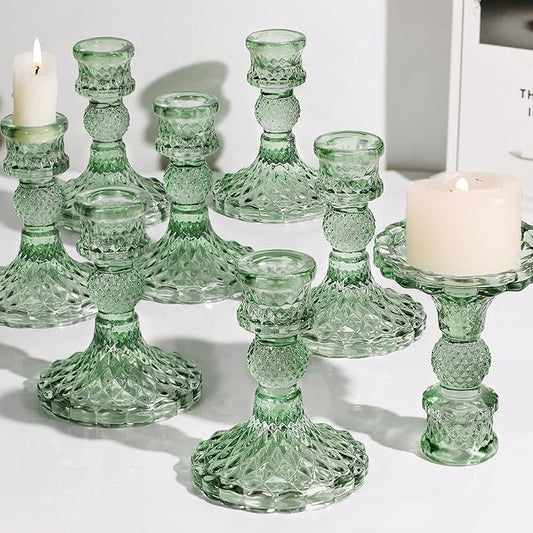 12Pcs Green Candlestick Holders Set- 4" H Taper Candle Holders Bulk, Glass Candle Holders for Wedding, Party, Romantic Dinner Table Centerpieces, Festival Gifts & Windowsill Decor-Ruum Studio Home
