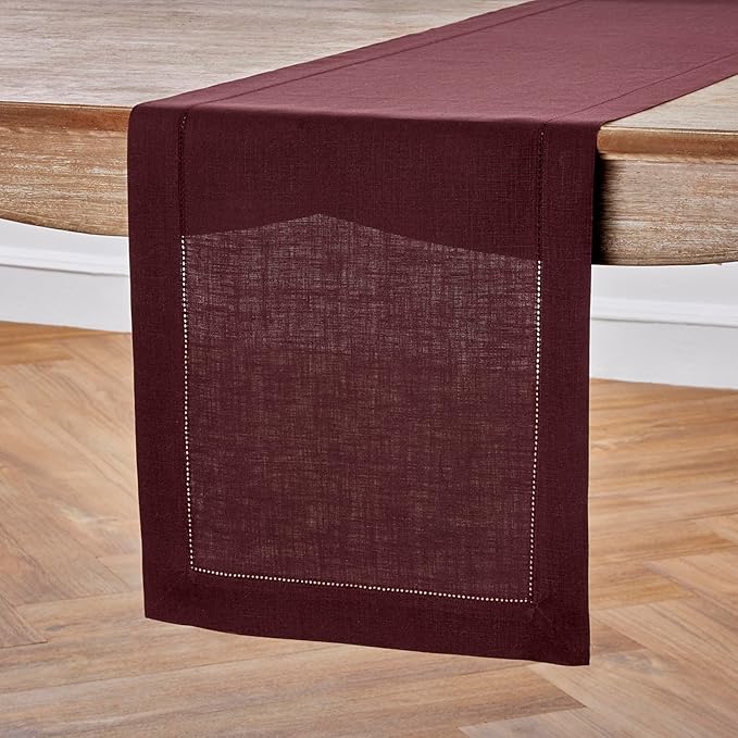 Solino Home Linen Burgundy Table Runner 144 Inches Long - 100% Pure Linen Extra Long Table Runner 14 x 144 Inch for Fall, Autumn, Thanksgiving - Classic Hemstitch-Ruum Studio Home