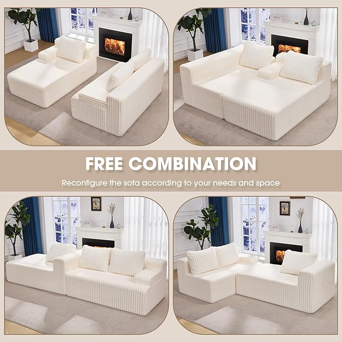 Hobestluk 96” Modular Sectional Sofa Couches L-Shape Couch 3 Seat Modular Sofa Memory Foam Sectional Couches for Living Room, Cloud Couch with Oversized Chaise (White, Stripe (Left Facing Chaise))-Ruum Studio Home