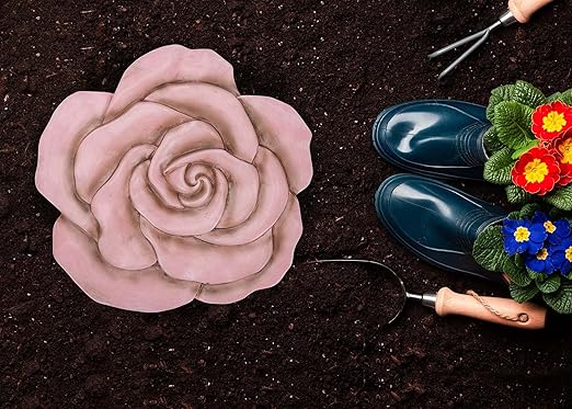 NAT & Jules Rose Flower Shaped Dimensional Indoor Outdoor 12 inch Cast Resin Decorative Garden Stepping Stone, Patio, Walkway Sculpture Yard Art, Pink-Ruum Studio Home