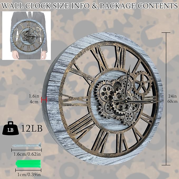HOIBAI Large Wall Clock, Wall Clocks for Living Room Decor Farmhouse Vintage Rustic Kitchen Wall Decor Vintage Roman Big Oversized Wall Clock for Home Bedroom House Office, Moving Gears Clock-Ruum Studio Home