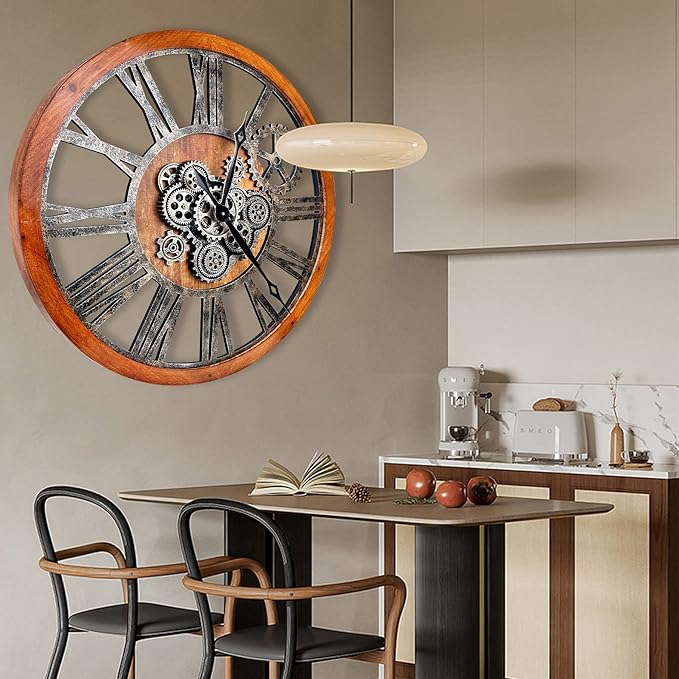 The B-Style 36" Large Moving Gear Wall Clock Oversized Vintage Farmhouse Wall Clocks for Living Room Decor Rustic Industrial Wood Clock (Brwon with Bronze Gears)-Ruum Studio Home
