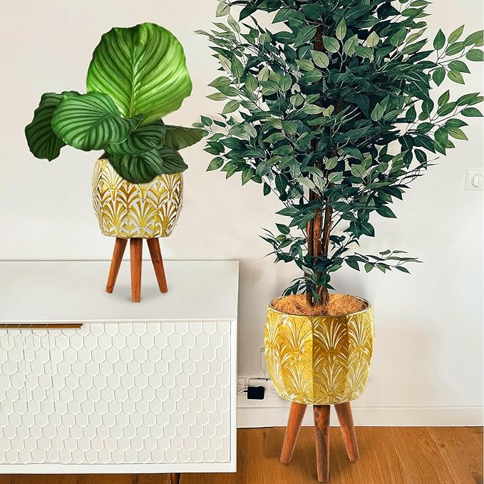 Harvest Land Plant Pots with Stand, Set of 2 Large Modern Planters Metal Tall Handmade Flower Pots with Drainage Holes Indoor Outdoor,Gold-Ruum Studio Home