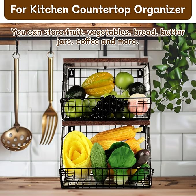 CYEAH 2 Pcs Stackable Fruit Basket for Kitchen, Hanging Wall Fruit Basket with Wood Lid, Space Saving Wall Mounted Mesh Metal Wire Baskets, Kitchen Counter Organizer for Snack, Onion, Potato Storage-Ruum Studio Home