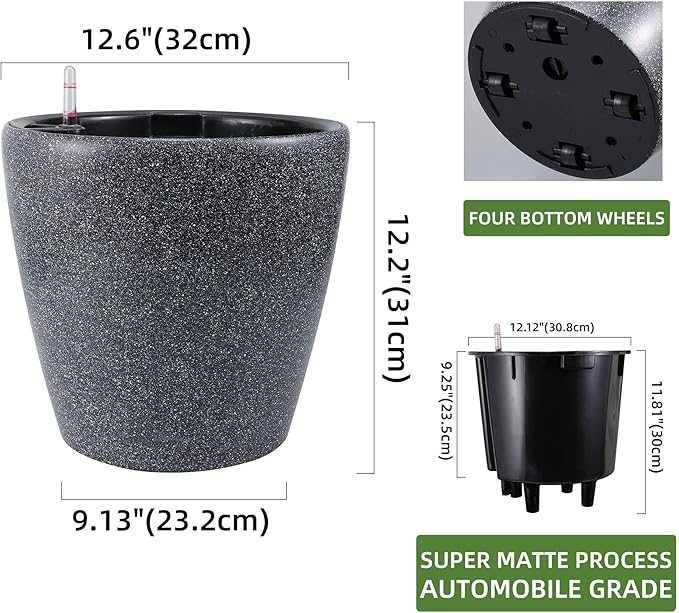 Dexceder 13x12 Self Watering Planter with Wheels Indoor Outdoor, Inner Pot Design, Thickened Large Floor Standing Flower Plant Pot with Water Level Indicator (Stone Matte)-Ruum Studio Home