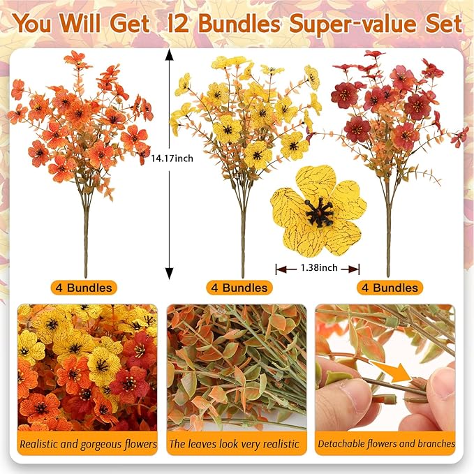 12 Bundles Artificial Fall Flowers Faux Mums for Outdoor Indoor, Artificial Plants Daisy Faux Plants Fake Mums for Fall Decor Pots Patio Garden Porch Autumn (Orange，Brown，Yellow) (12)-Ruum Studio Home