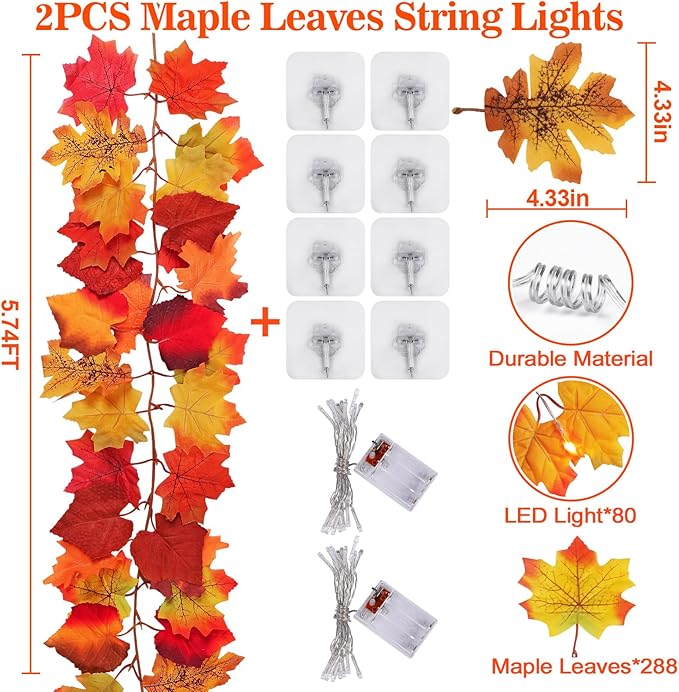 2 Pack Fall Decor Maple Leaves Garland with Lights Battery Operated Fall Thanksgiving Decorations Garland for Home Porch Front Door Table Mantle Outdoor Autumn Harvest Halloween Decor, 11.8Ft 40LED-Ruum Studio Home