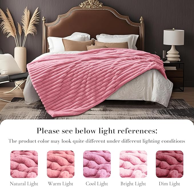 Amélie Home Faux Fur Throw Blanket for Couch, Cozy Fuzzy Fluffy Fur Luxurious Soft Striped Plush Gift Blankets for Family Sofa Chair Bed Living Room Bedroom, 55"x70", Pink-Ruum Studio Home