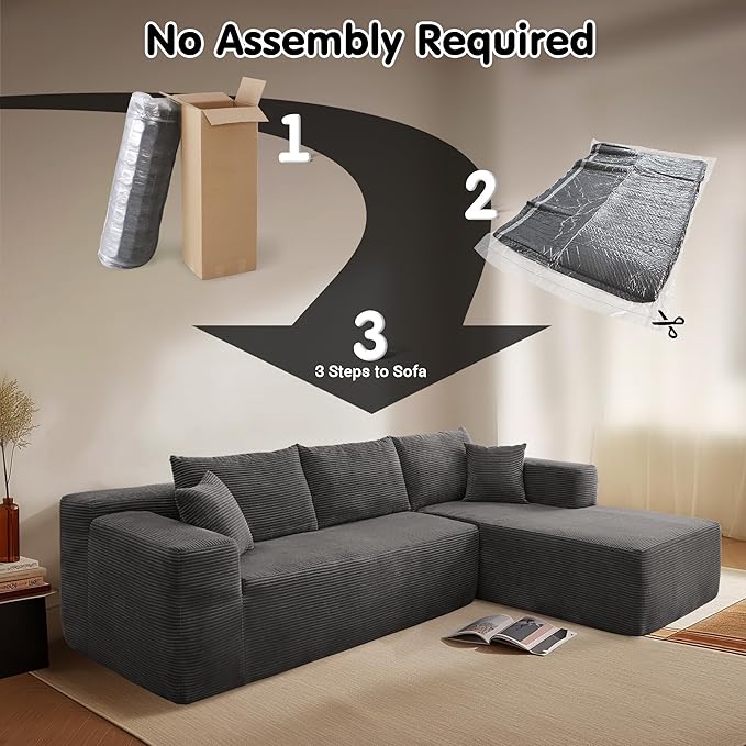 ovios 104" Cloud Sectional Couch with L-Shape Chaise,Modern Modular Sofa with Deep Seat, Upholstered Couches for Living Room Bedroom,No Assembly Required, Grey (Corduroy Fabric)-Ruum Studio Home