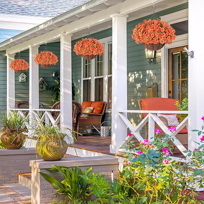 Artificial Fall Flowers Fake Hanging Plants Flowers Basket for Outdoors Autumn Decoration, Orange Silk Morning Glory with Eucalyptus Look Real UV Resistant Faux Flowers for Outside Porch Patio Balcony-Ruum Studio Home