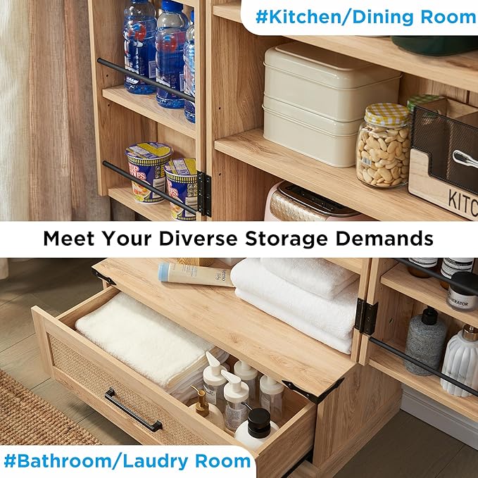 72" Tall Rattan Kitchen Pantry Cabinet with Drawer, Boho Storage Cabinet with 2 Rattan Doors and Shelves, Versatile Large Cabinet for Dining Room, Bathroom, Living Room, Laudry, Natural Oak-Ruum Studio Home