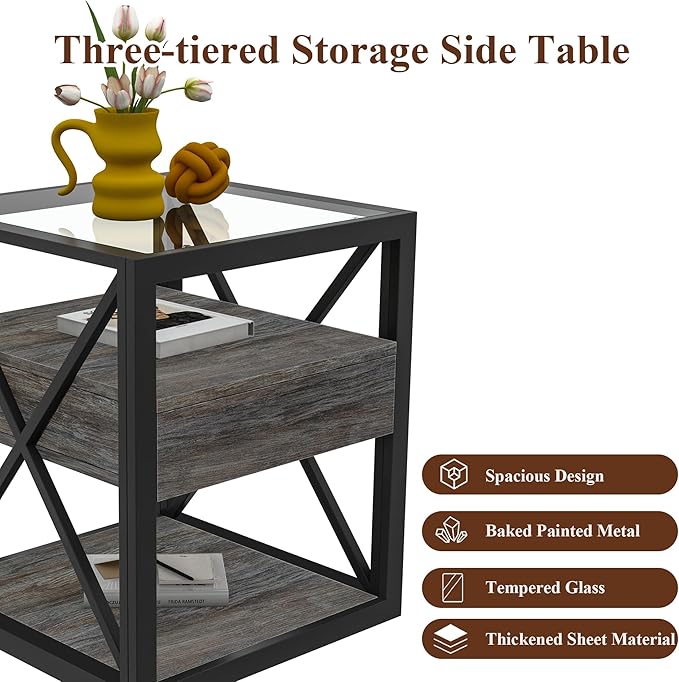 Farmhouse End Table, Modern Side Table with Drawer&3-Tier Storage Shelf, Square Rustic Nightstand, Accent Tea Table, for Bedroom Office Living Room, Grey, Natural Wood, Glass, Metal-Ruum Studio Home