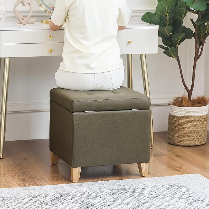 Adeco Fabric Storage Ottoman Bench with Solid Wood Legs, 17.7" Square Olive Green Leathaire Cube Foot Stool, Upholstered Button Tufted Vanity Chair with Hinged Lid for Living Room, Bedroom, Dorm-Ruum Studio Home
