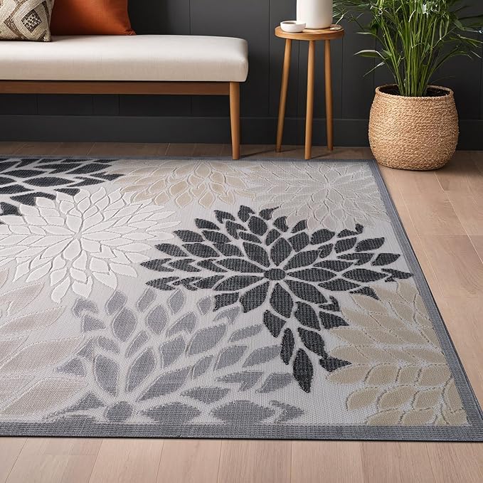 Beverly Rug Outdoor Rug 6x9 Modern Floral Tropical Area Rugs for Indoor and Outdoor Patio Easy to Clean Non Shedding Living Room Porch Garden Washable Outside Carpet (6 x 9 Beige)-Ruum Studio Home