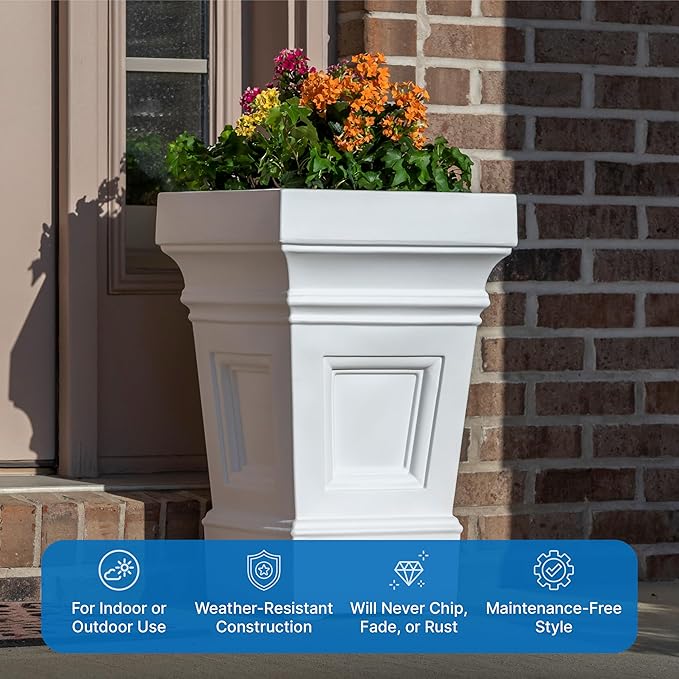 Step2 Atherton Square Planter, Large Planters for Outdoor Plants, Gardening and Flower Pot for Patio or Porch, Efficient Drainage, Durable Plastic, Classic White-Ruum Studio Home